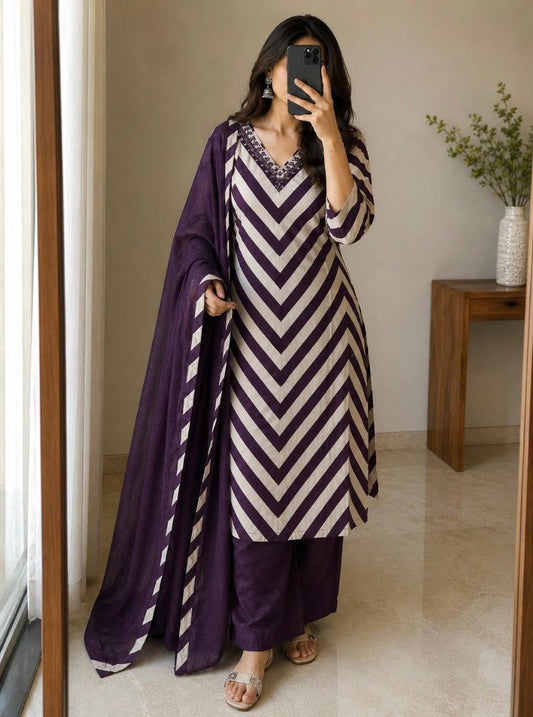 Pure Cotton Purple Printed Neck Embroidered Kurta Dupatta Set
