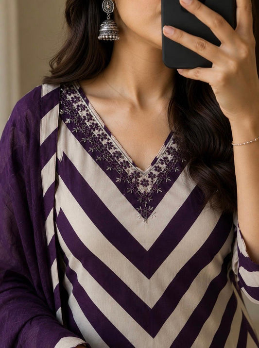 Pure Cotton Purple Printed Neck Embroidered Kurta Dupatta Set