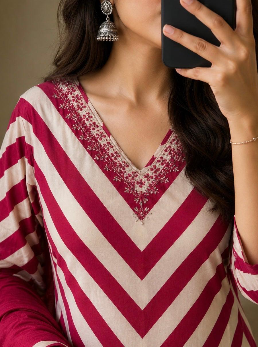 Pure Cotton Pink Printed Neck Embroidered Kurta Dupatta Set