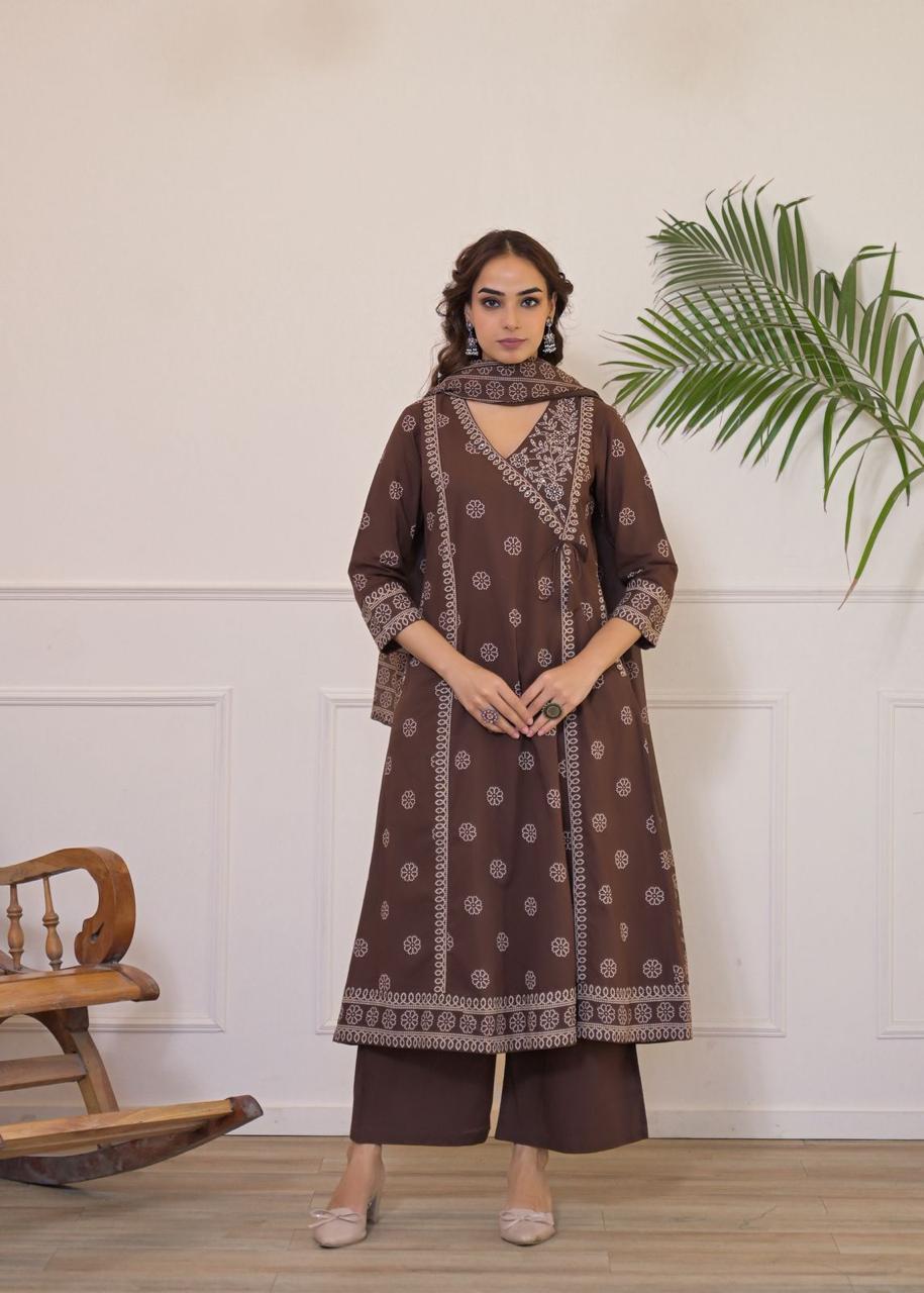 Angrakha Style Printed Cotton Kurta Set in Coffee Brown