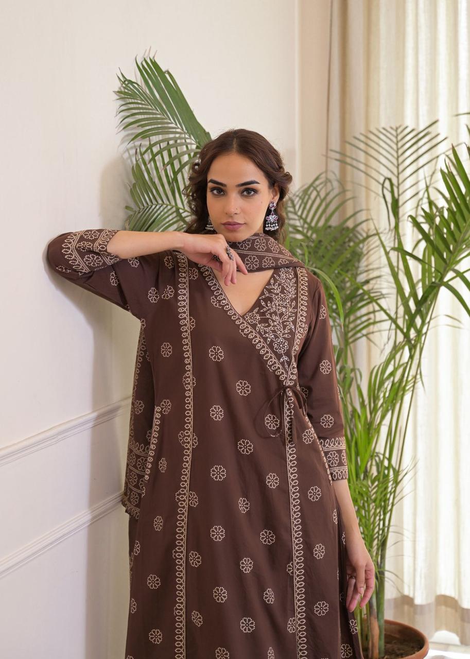 Angrakha Style Printed Cotton Kurta Set in Coffee Brown