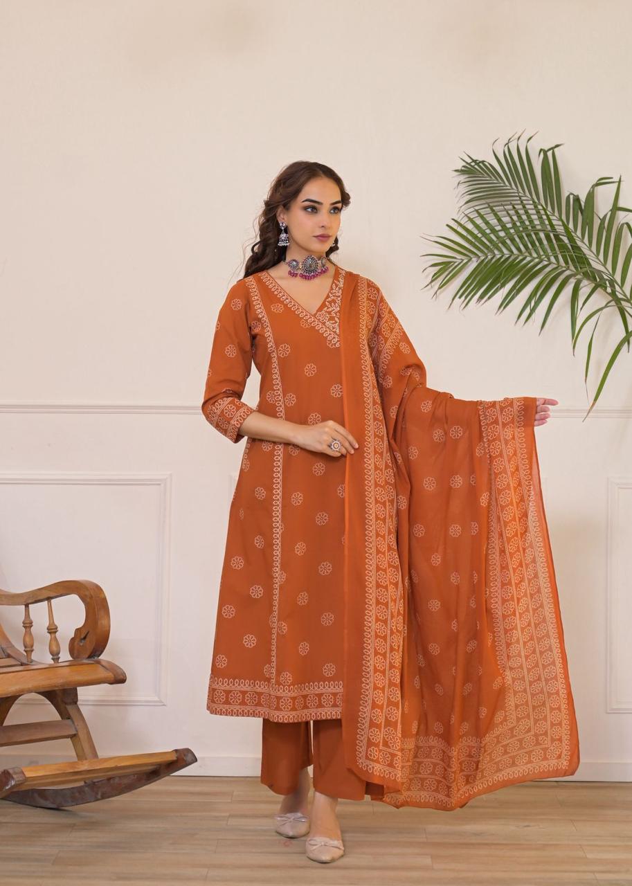 Angrakha Style Printed Cotton Kurta Set in Rusty Orange