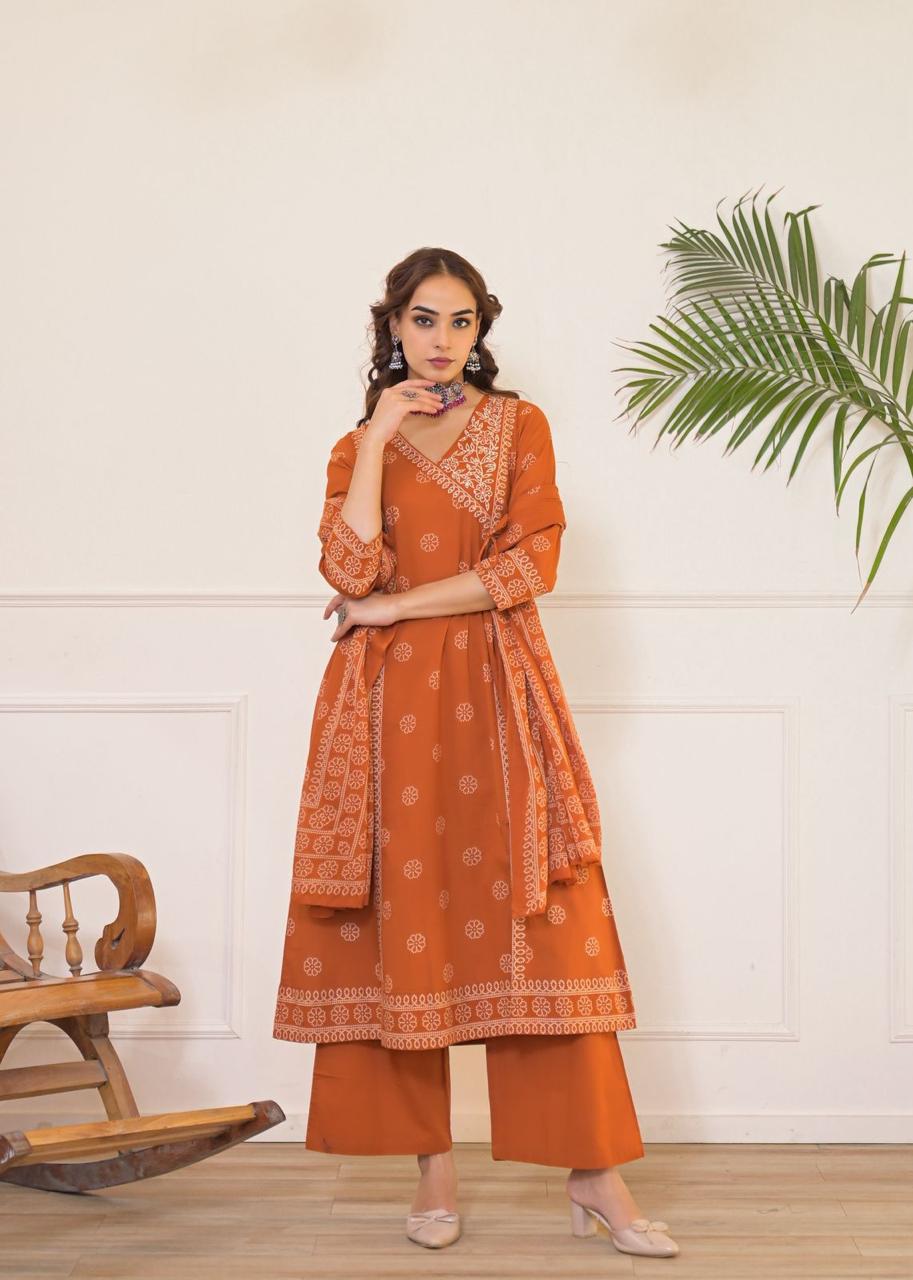 Angrakha Style Printed Cotton Kurta Set in Rusty Orange