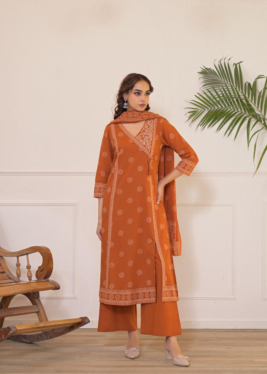 Angrakha Style Printed Cotton Kurta Set in Rusty Orange