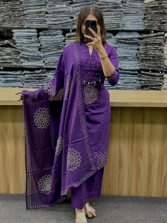 Purple Gola Straight Cotton Kurta Pant Dupatta Set