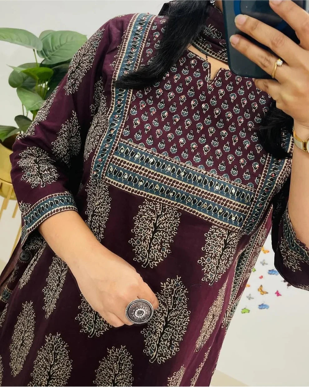 Beautiful Flower Print Kurti With Pant And Dupatta Set