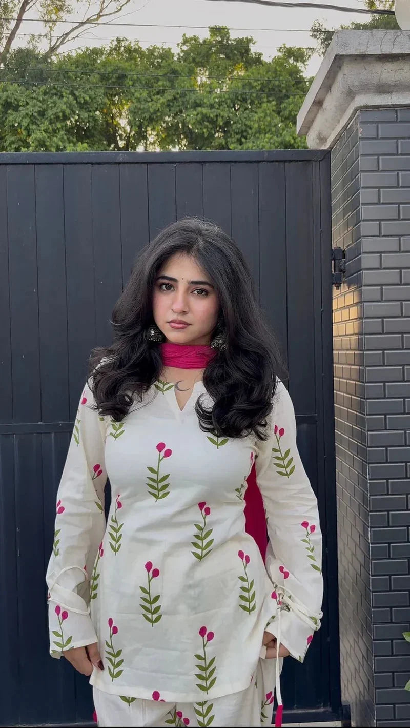 Pure Cotton Printed Farshi Salwar Suit for Women with Pink Dupatta