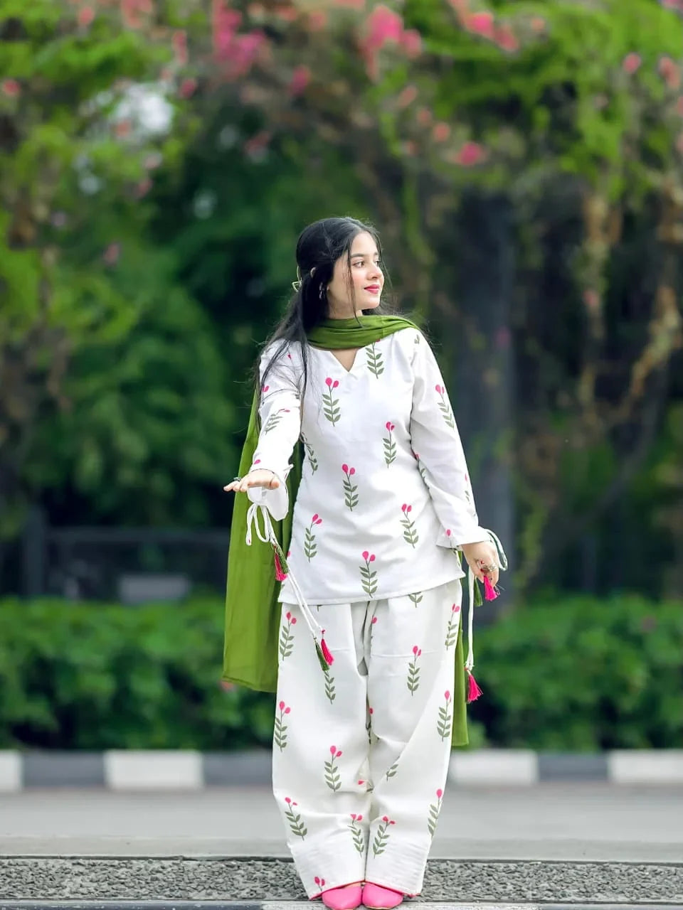 Pure Cotton Printed Farshi Salwar Suit for Women with Green Dupatta