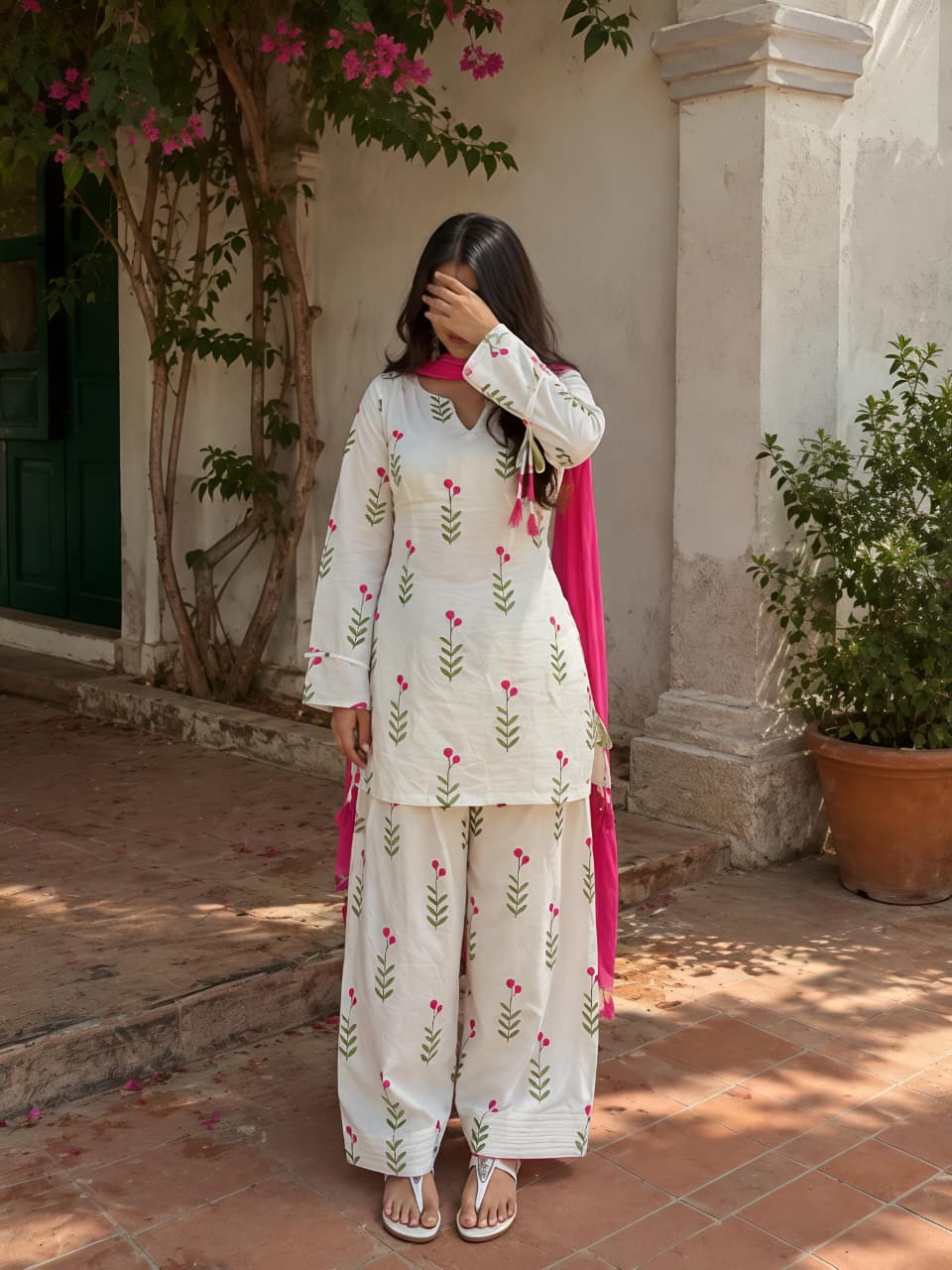 Pure Cotton Printed Farshi Salwar Suit for Women with Pink Dupatta