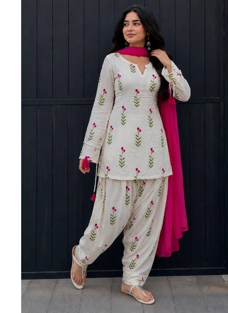 Pure Cotton Printed Farshi Salwar Suit for Women with Pink Dupatta
