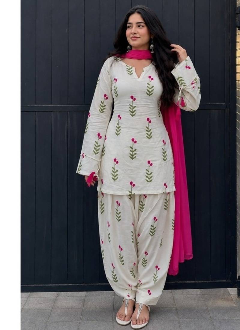 Pure Cotton Printed Farshi Salwar Suit for Women with Pink Dupatta