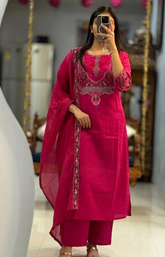 Beautiful Pink Embroidery Kurta With Pant And Dupatta Set
