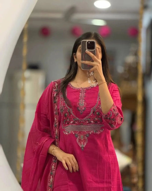 Beautiful Pink Embroidery Kurta With Pant And Dupatta Set